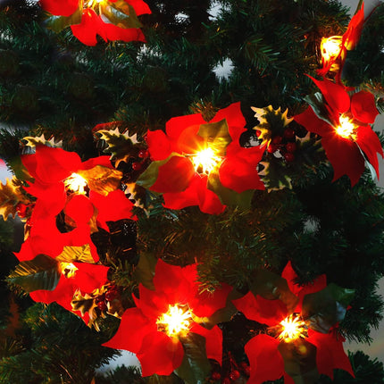 Twinkle Star 2 Pack Pre-Lit Christmas Poinsettia Garland with Red Berries and Holly Leaves, 6 FT Velvet Artificial Flower Xmas String Lights, Battery Operated Cordless Indoor Outdoor Home Decorations