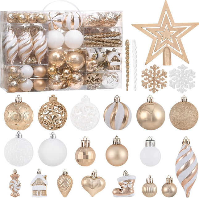 Christmas Tree Decorations - 128 Pcs Christmas Tree Ball Ornaments Set, Shatterproof Plastic Champagne Christmas Ball Ornaments for Christmas Tree Decor Holiday Wedding Party Decorations