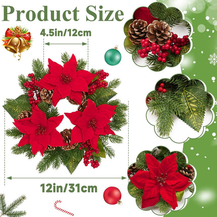MARTINE MALL 2 Pcs Christmas Candle Rings, 12 In Artificial Poinsettia Candle Rings, Red Berry Gold Pinecones Candle Ring Holder Christmas Decoration for Pillars Rustic Wedding Centerpiece Table Decor