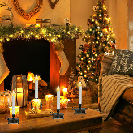 4 Pack Battery-Operated LED Window Candles, 9 Inch Flameless Taper Christmas Window Candles Lights with Dusk-to-Dawn Sensor for Christmas Window, Mantel, Dining Table, Bronze Base Holders