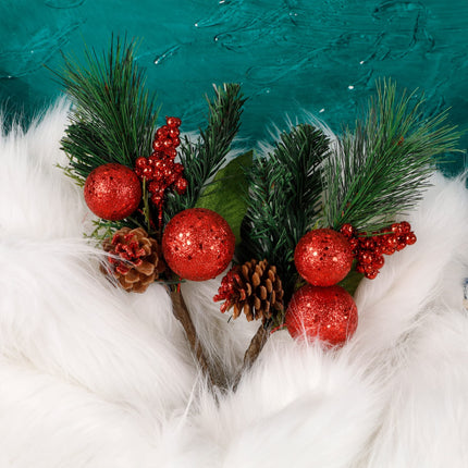 DR.DUDU Christmas 6 Pack 12'' Elegant Faux Picks Evergreen Sprigs + Gold & Silver Globe Ornaments + Pine Cone + Green Poinsettia Leaf + Mini Gold Balls (Red)