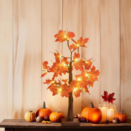 24-inch Fall Lighted Maple Tree, 24 LED Lights, USB+Battery Operated Thanksgiving Table Centerpieces Decoration Tree for Home Fireplace Autumn Harvest Tabletop Indoor Decor