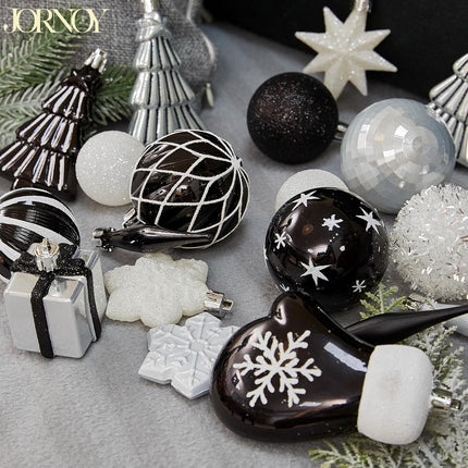 144 PCS Shatterproof Black White Christmas Tree Ornaments, Plastic Xmas Hanging Ball Set with Lanyard, Gloves, Box, Star, Xmas Tree Decor for Holiday Halloween Party