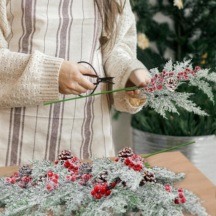 24 Pcs 18.5 Inch Snowy Faux Cedar Branches Frosted Artificial Cedar Picks and Sprays Cedar Twigs Stems Christmas Greenery Stems Green Artificial Cedar Sprigs for Christmas Holiday (Berry Pine Cones)