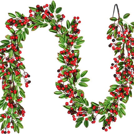 Artiflr 6 FT Red Berry Garland Christmas Decoration Clearance, Green Leaves Garland Artificail Berry Garland Fireplace Table Centerpiece Hone Decoration for Winter Holiday Year Decor
