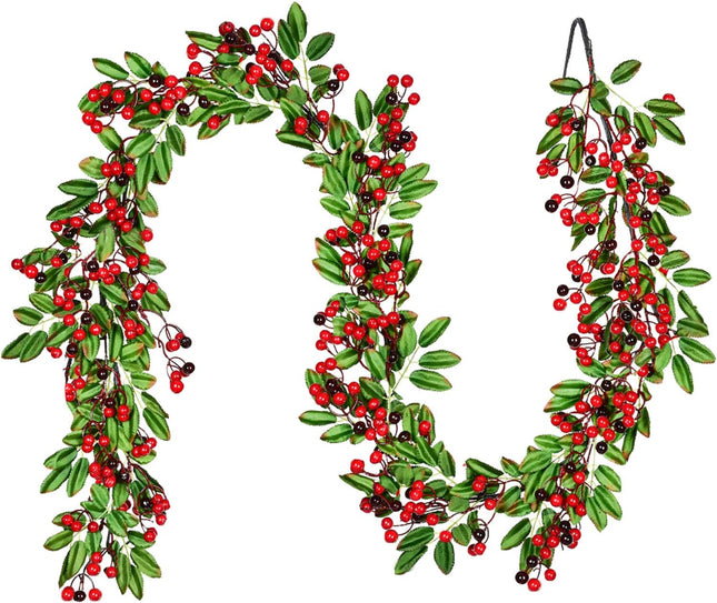Artiflr 6 FT Red Berry Garland Christmas Decoration Clearance, Green Leaves Garland Artificail Berry Garland Fireplace Table Centerpiece Hone Decoration for Winter Holiday Year Decor