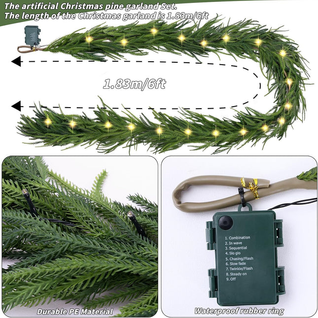 Pre-Lit Christmas Garland Decorations,72 FT Faux Led Norfolk Pine Garland Artificial Realistic, Real Touch Greenery Christmas Pine Garland for Mantle Table Front Door Indoor Outdoor Holiday Decor