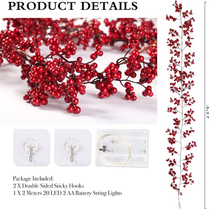 Sggvecsy Red Berry Garland Lighted Burgundy Berry Christmas Garland Artificial Berry Garland 6Ft for Christmas Winter Holiday Fireplace Mantel Table Year Indoor Outdoor Decoration