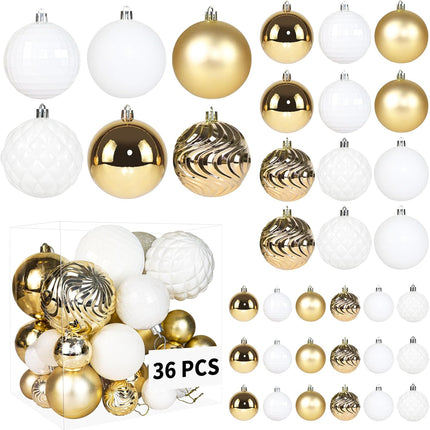 Annecy Christmas Tree Ornaments - 36 PCS Shatterproof Christmas Ball Ornaments Set for Christmas, Holiday, Wreath & Party Decorations (Multi-Size, Gold, White)