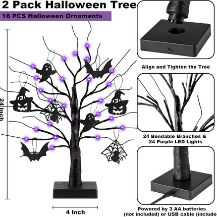 2 Pack 24 Inch Black Halloween Tree with 24 LED Purple Lights, Timer/USB/Battery Operated Halloween Table Decorations Lighted Tree, Cute Halloween Decorations Indoor Halloween Home Decor Party Room