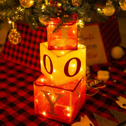 Hourleey Set of 3 Christmas Lighted Boxes, Pre-lit 60 LED Light Up Joy Present Boxes Ornament Decorations for Indoor Outdoor Xmas Tree Home Yard Lawn Decor