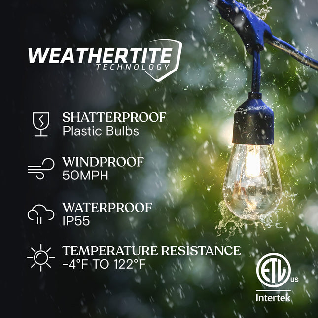 Brightech Ambience Pro Solar Powered Outdoor String Lights, 48 ft Commercial Grade Waterproof Patio Lights, 15 Edison Bulbs, Shatterproof LED String Lights for Outside, Porch - 1W Warm White