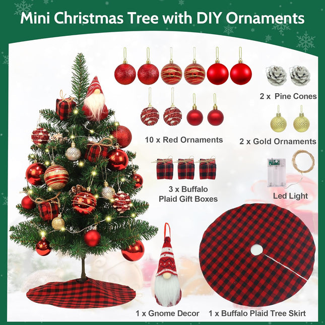 Mini Christmas Tree, 2ft Artificial Small Tabletop Christmas Tree, Table Top Christmas Tree with Gnome, Ball Ornaments and Buffalo Plaid Tree Skirt DIY Xmas Tree