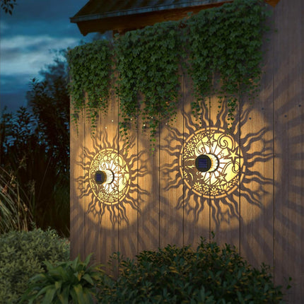 2 Pack Solar Fence Lights Solar Outdoor Wall Lights Metal Solar Powered Deck Lights Sun Moon Theme Waterproof Fence Solar Light