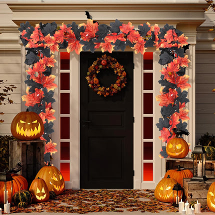 3 Pack Fall Maple Leaves Garland,5.7ft/Piece Artificial Maple Leaf Garland,Red&Black Autumn Hanging Fall Vines with 6PCS Adhesive Hooks for Halloween Thanksgiving Fireplace Indoor Outdoor Decor
