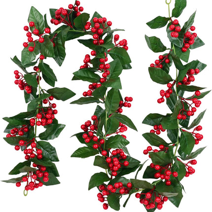MARTINE MALL Christmas Garland with Red Berry, Artificial Red Berry Greenery Garland, 5.7 FT Red Berries Holly Leaves Christmas Hanging Garlands for Door Garden Stairway Fireplace Christmas Tree Decor