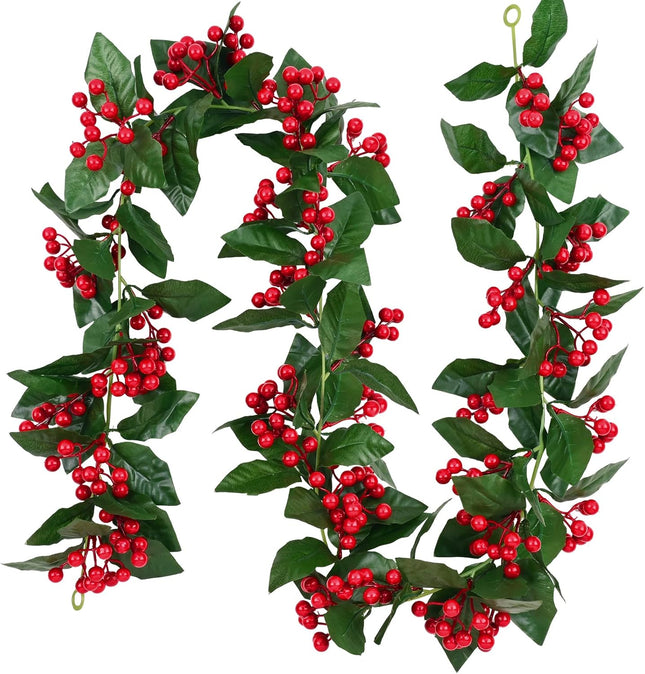 MARTINE MALL Christmas Garland with Red Berry, Artificial Red Berry Greenery Garland, 5.7 FT Red Berries Holly Leaves Christmas Hanging Garlands for Door Garden Stairway Fireplace Christmas Tree Decor