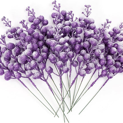 16 Pieces Artificial Glitter Berries Stems, 8-Inch Frosted Christmas Picks Berry Sprays Twig Glitter Holly Berry Branches for Xmas Tree Fillers Ornaments, Wreath, Crafts, Home Holiday Decor (Purple)
