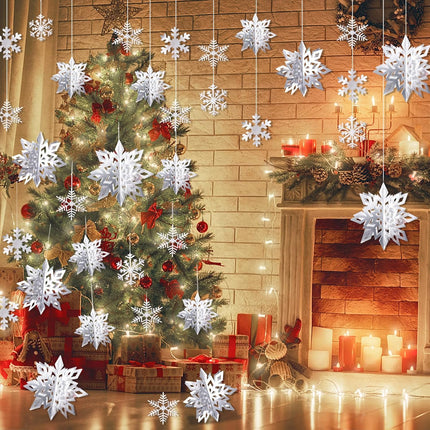 30pcs Paper Snowflakes Ornaments Decorations, 3D Silver Hanging Snowflake, Large Snowflake Garland for Christmas Decorations, Winter Wonderland Year Party Home Decorations