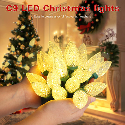 C9 LED Christmas Lights Outdoor, 50 LED 32 FT C9 String Lights for Christmas Plug-in Strawberry Bulbs Connectable UL for for Indoor Outside Roofline Patio Home Xmas Decoration, Warm White