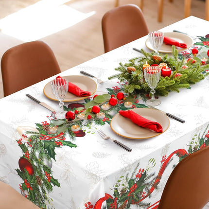 6 Pcs Christmas Plastic Disposable Tablecloth 108 x 54 Inch Holly Berry Ribbon Garland Table Cover Rectangle Christmas Party Table Cloth for Christmas Party Dining Table Supplies