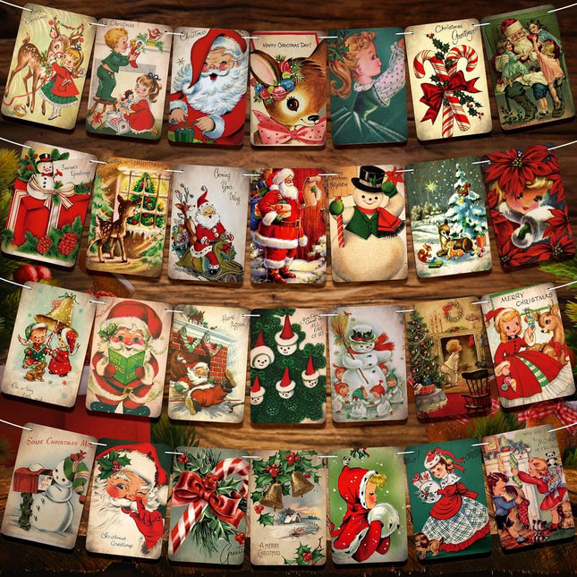 Kinlop 4 Pieces Vintage Christmas Banner Xmas Fireplace Banner Garland Vintage Christmas Decorations Traditional Style Hanging Banner for Christmas Indoor Home Office Party Decoration Supplies