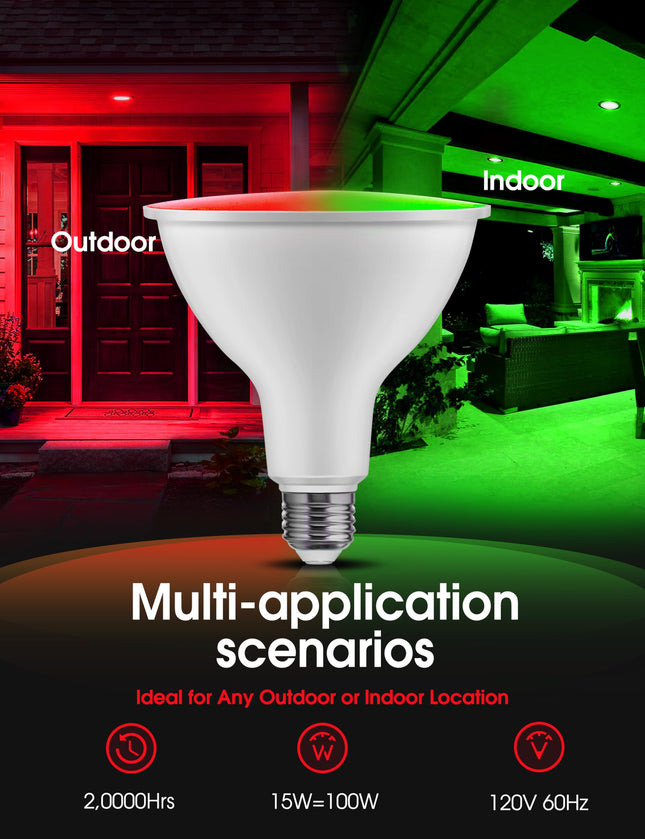 LOHAS Red Green Flood Light Bulbs, PAR38 LED Flood Light Outdoor 100W Equivalent, 15 Watt Colored Porch Light Bulb, E26 Base Ideal for Home Lighting, Holiday, Party Decoration, 2 Pack