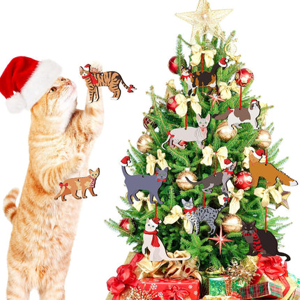 Yalikop 24 Pcs Christmas Wooden Ornaments for Tree Christmas Dinosaurs Hanging Ornaments Cute Xmas Holiday Dinosaur Wood Tree Decorations for Christmas Party Favors(Cat)