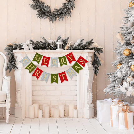 AnyDesign Christmas Banner Glitter Merry Christmas Felt Banner Pre-Assembled Holiday Bunting Garland for Christmas Party Supplies Home Office Farmhouse Front Door Fireplace Mantel Wall Decorations