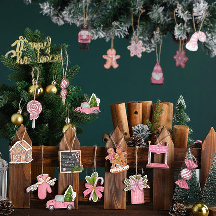 Huwena 40 Pcs Christmas Wooden Ornaments Pink Pastel Christmas Decorations for Xmas Tree Wreaths Gingerbread Gnome Hanging Ornaments Nutcracker Peppermint Candy Wood Cutouts Christmas Decor for Home