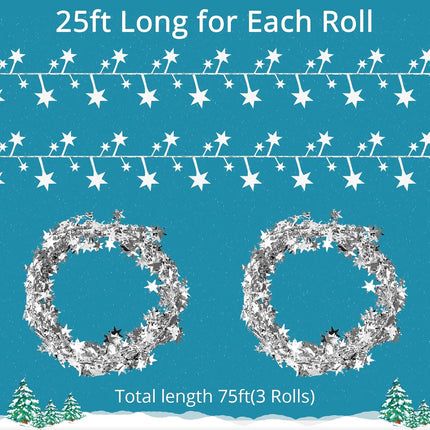 75 Feet Silver Star Tinsel Wire Garlands Christmas Sparkly Star Tinsel Garlands with Wire Decorations for Xmas Tree Home Wedding Birtahday Party Festive Ornament