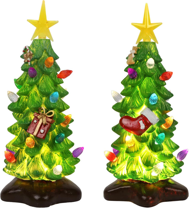 DR.DUDU 2 Pack Christmas Tree Tabletop Decorations, Small Christmas Trees with Multi-Color Lights Resin Lighted Tree Figurine Battery Operated for Office Home Holiday Decoration