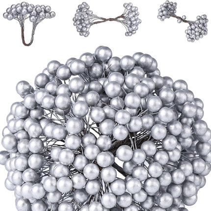 SallyFashion 200PCS Christmas Glitter Berries Stems, 5.3" Silvery Berry Stems for Christmas Tree Ornaments Artificial Christmas Picks for DIY Xmas Wreath Crafts Holiday Home Decor