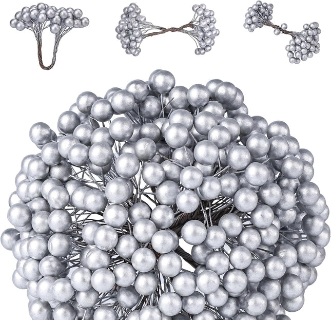 SallyFashion 200PCS Christmas Glitter Berries Stems, 5.3" Silvery Berry Stems for Christmas Tree Ornaments Artificial Christmas Picks for DIY Xmas Wreath Crafts Holiday Home Decor