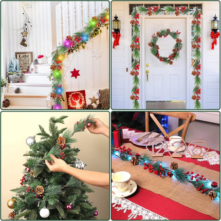 8 Light Modes Christmas Garland with Lights, 6FT Christmas Garland with 18 LED Lights Branches Berries Bells Snowflake Pinecones for Window Fireplace Door Stairs Indoor Outdoor Decoration