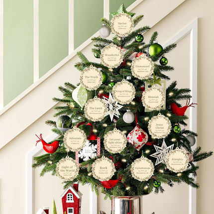 24 Pieces Names of Jesus Christ Ornaments Christmas Decorations Wood Ornaments Cutouts Christian Nativity Ornaments for Christmas Tree(Garland Wreath Flowers)