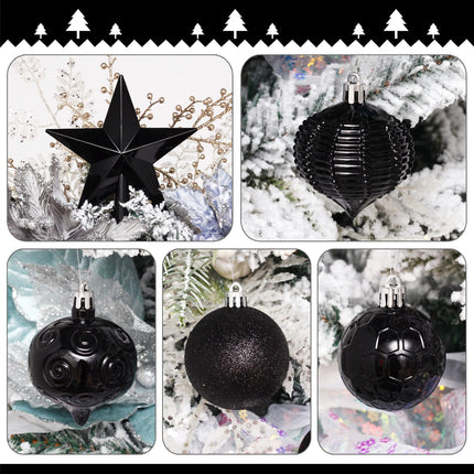52-Pack Shatterproof Black Christmas Tree Ornaments and Star Topper - For Holiday Decor