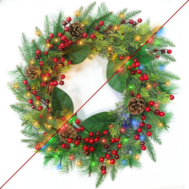 20 Inch Pre-Lit Christmas Wreath, Artificial Lighted Christmas Wreaths for Front Door Timer 8 Modes 30 Warm White & Multicolored Lights 4 Pine Cones 12 Red Berried Xmas Wreath for Home Wall Indoor