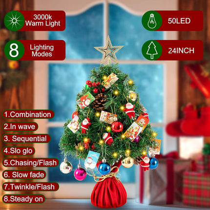 joybest 24 Inch Tabletop Mini Christmas Tree Desktop Xmas Tree Battery Operated with LED String Lights, Red Berries, Star Treetop, Christmas Cards & Ornaments, Best DIY Christmas Decorations, Green
