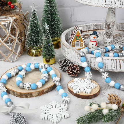 Whaline 2Pcs Winter Wood Bead Garland with Snowflake Tassel Xmas Tree Blue White Silver Snowflake Garland Tiered Tray Decor Rustic Farmhouse Wooden Bead Garland for Winter Home Fireplace Decor