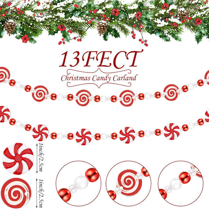 Zeyune 2 Pcs 13 Feet Christmas Candy Garlands Christmas Tree Garland Decorations Peppermint Beaded Candy Hanging Garland for Xmas Tree Wreaths Fireplace Holiday Party Supplies Home