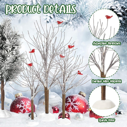 6 Pieces Christmas Village Trees Set, Village Bare Branch Trees Accessory Figurine, Snow Covered Village Trees for Christmas Tree Displays, Christmas Trees Decor with Cardinals (Elegant Style)
