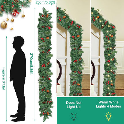 LOMIMOS 9FT Christmas Lighted Artificial Garland, Xmas Battery Operated Green Rattan with 50 Lights Pine Cones Red Berries for Fireplace Stair Mantle Indoor Outdoor Home Fireplace Porch Decoration(A)