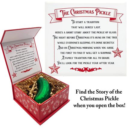 German Christmas Pickle Ornament Tradition Decor - Green Glass Tree Decoration - Boxed with Story & Legend