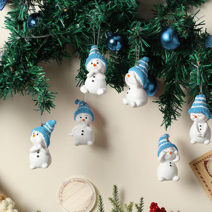 Lyrow 6 Packs Resin Snowman Christmas Ornament with Various Animated Faces Christmas Tree Hanging Decorations, Party Decors for Holiday Stocking Stuffers Tree Wreath Mantel Garland Decor (Blue)