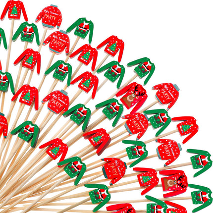 Christmas Cocktail Picks Ugly Sweater Cake Toppers Christmas Party Toothpicks Handmade Bamboo Toothpick Food Appetizers Picks for Xmas Holiday Drink Fruit Dessert Decoration (100 Pieces)