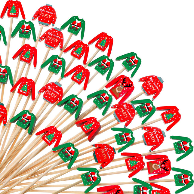 Christmas Cocktail Picks Ugly Sweater Cake Toppers Christmas Party Toothpicks Handmade Bamboo Toothpick Food Appetizers Picks for Xmas Holiday Drink Fruit Dessert Decoration (100 Pieces)