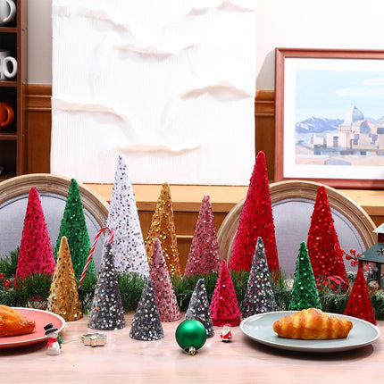 Liliful 8 Pieces Christmas Velvet Trees Set Modern Christmas Decor 4 Sizes Handmade Christmas Tabletop Centerpieces Trees Winter Decoration for Entryway Mantle Farmhouse (White Silver Sequin)