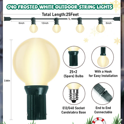 25FT G40 Frosted Christmas Lights,Globe Christmas Lights with 27 Frosted White Bulbs,Outdoor String Lights for Outside Indoor Garden Wedding Pergola Backyard Patio Xmas Tree Decor,Green Wire