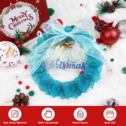 Blue Sea Glass Wreath - Handmade 8 Inch Small Christmas Wreath, Kitchen Cabinet Wreaths Coastal Style Christmas Decor Wreaths for Home, Door, Window, Chair and Wall